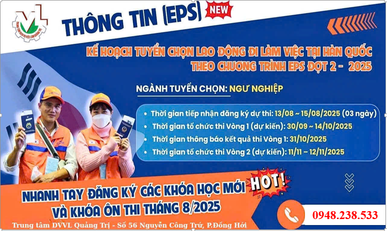 THÔNG BÁO TUYỂN SINH CÁC LỚP HỌC MỚI VÀ LUYỆN THI TIẾNG HÀN THEO CHƯƠNG TRÌNH EPS DÀNH CHO NGÀNH NGƯ NGHIỆP NĂM 2025