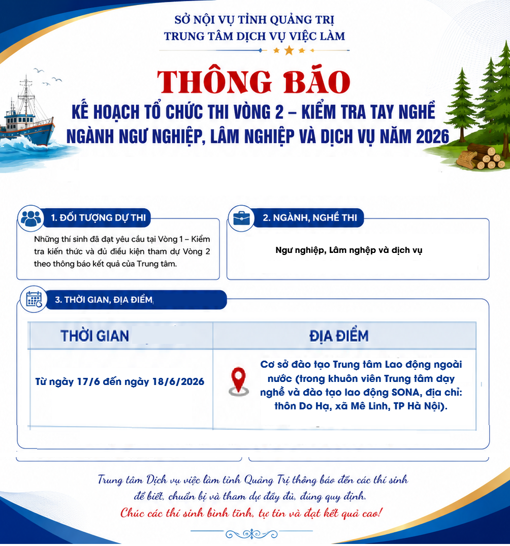 THÔNG BÁO KẾ HOẠCH TỔ CHỨC THI VÒNG 2 – KIỂM TRA TAY NGHỀ NGÀNH NGƯ NGHIỆP, LÂM NGHIỆP VÀ DỊCH VỤ NĂM 2026