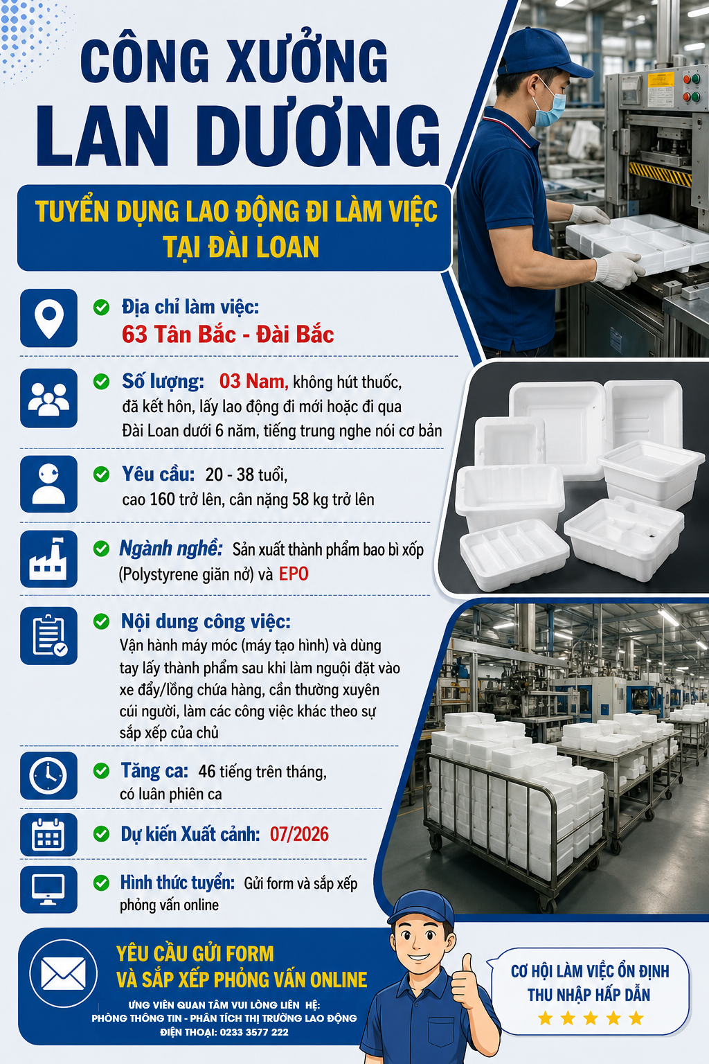 TUYỂN GẤP LAO ĐỘNG ĐI LÀM VIỆC TẠI ĐÀI LOAN ĐƠN HÀNG VẬN HÀNH MÁY