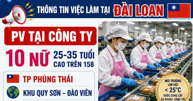 THÔNG TIN VIỆC LÀM TẠI ĐÀI LOAN NGÀNH THỰC PHẨM🔥🔥